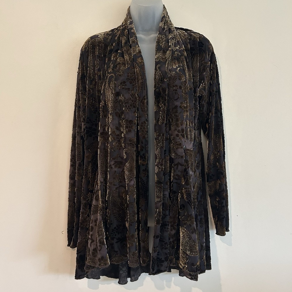 Vintage Made in USA Velvet Burnout Cardigan Size L Floral Brown Whimsigoth